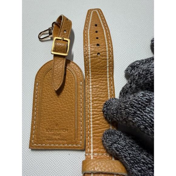 Rare Louis Vuitton Gold Orange Name Tag w/ Poignet Strap Grained Leather - Picture 4 of 16